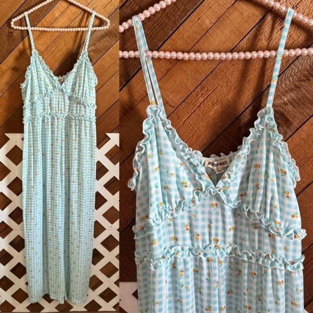 Inspired Hearts blue gingham cherry print ruffle cropped jumpsuit size Large